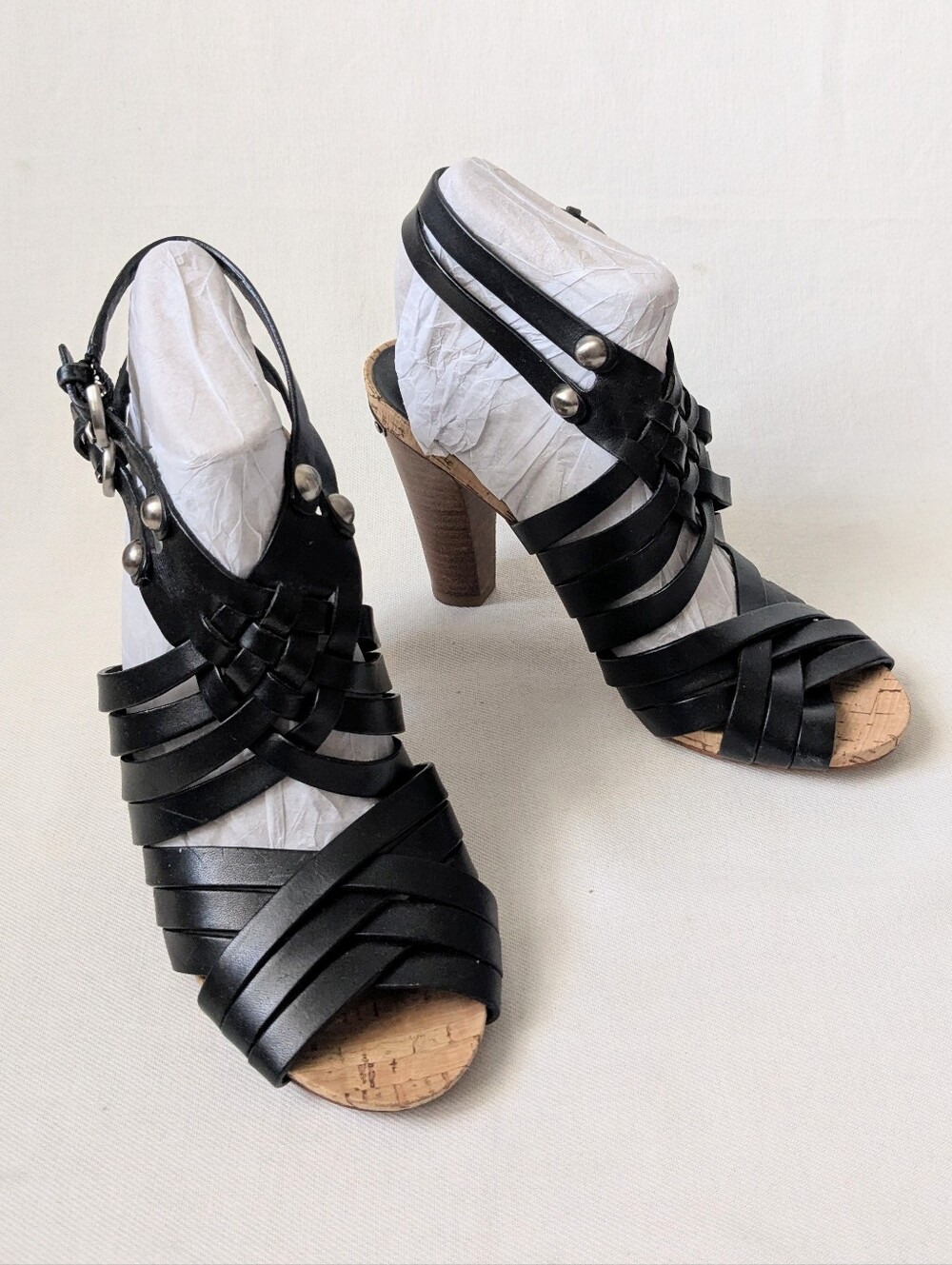 Coach Black Leather Strappy Adrienne Block Peeptoe Heels Size 6.5